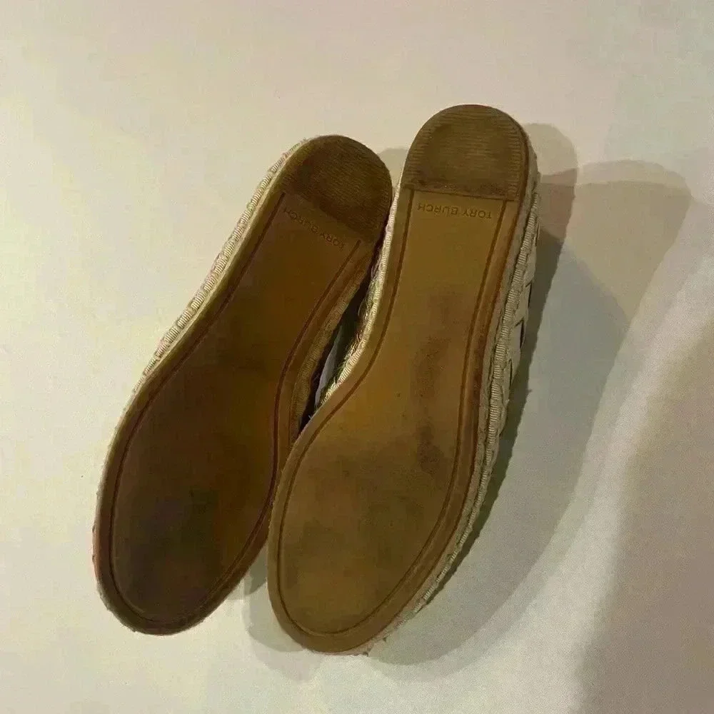 TORY BURCH Woven Leather Espadrille Flats 5 Loafer Gold Metallic Leather Ines
